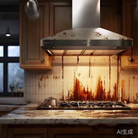 油烟机内部油污多，需及时清理。