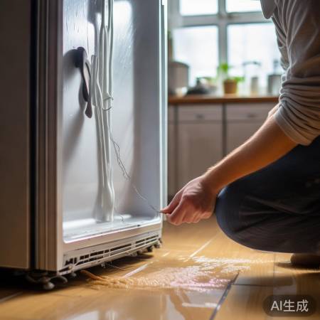 冰箱底部积水，疏通排水管，擦拭
