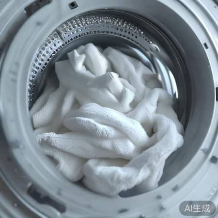 洗衣机盖开启，衣物缠滚筒。