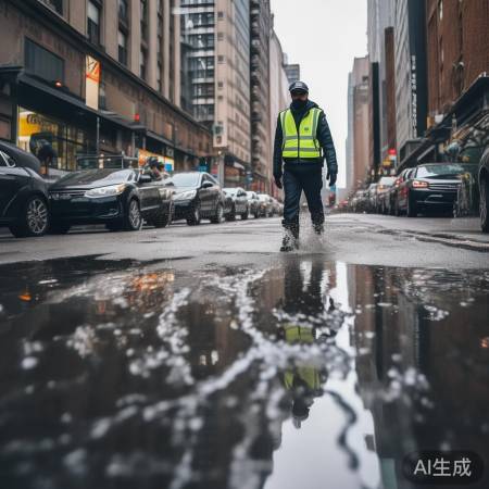 “小心积水,听从交警。”