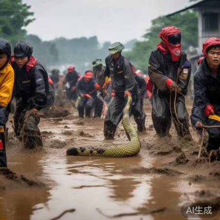 广西洪水眼镜蛇逃逸,团结抗灾显
